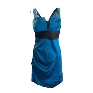 Mystic Satin blue cocktail dress with black belt accent. Size L